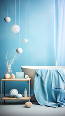 Blue, white, and beige bathroom with a bathtub, towel, and seashells,  evoking a spa-like tranquility and relaxation. 