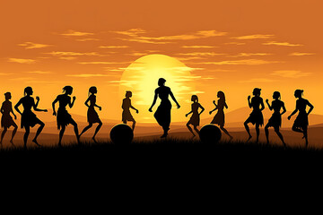 Fototapeta premium Silhouettes of primitive people playing with a ball at sunset, orange, black, and yellow, evoking a sense of ancient games and simple joy. 