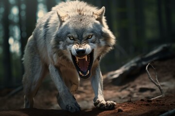 Fierce wolf snarling aggressively in a moody forest setting