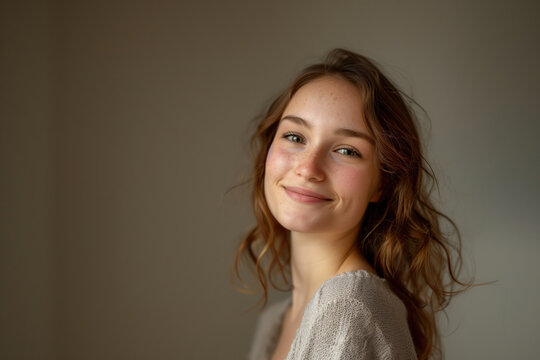 Mulher Jovem Sorridente com Cabelo Ondulado em Fundo Neutro