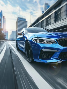 A blue sport car drives down a city street