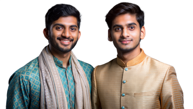 Two Indian Men Dressed in Traditional Attire Smiling - Powered by Adobe