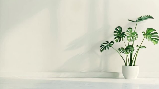 A single Monstera plant in a white pot sits against a white wall. The plant has large, green leaves and the pot is sitting on a white floor. The white wall is illuminated by bright sunlight.