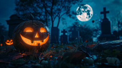 Naklejka premium Spooky Halloween Jack-o-Lantern in Moonlit Cemetery with Full Moon