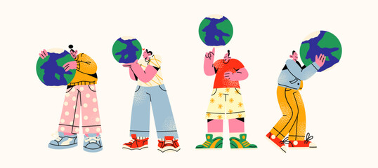 Cartoon characters with planet Earth. Mascot people protect the planet. Ecological illustration in 90s retro doodle style recycling and saving the planet © Limpreom