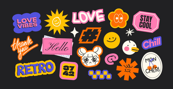 Futuristic y2k patches, labels, tags, stickers, bracelet stamps in retro style. Cartoon stickers in funky hipster groovy grunge 90s style. Vector set, trendy promo labels