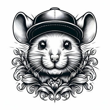 Rat&oacute;n divertido con cachucha al estilo tattoo