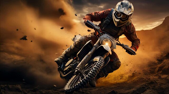 A motorcyclist on a motorcycle quickly rides through the dirt and dust on the track during a motocross competition
