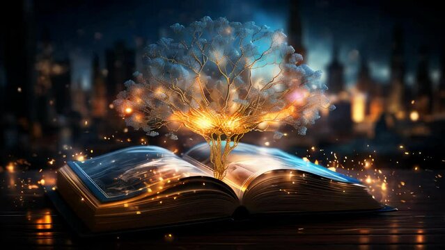 A glowing, high-tech tree in the shape of a human brain grows from a book. Concept of intelligence knowledge and education