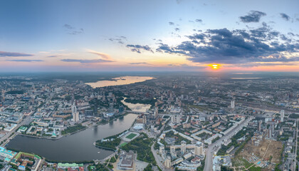 Obraz premium Yekaterinburg aerial panoramic view in summer sunset. Ekaterinburg is the fourth largest city in Russia located in the Eurasian continent on the border of Europe and Asia.