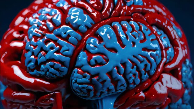 A man's brain is shown in a blue and red color scheme