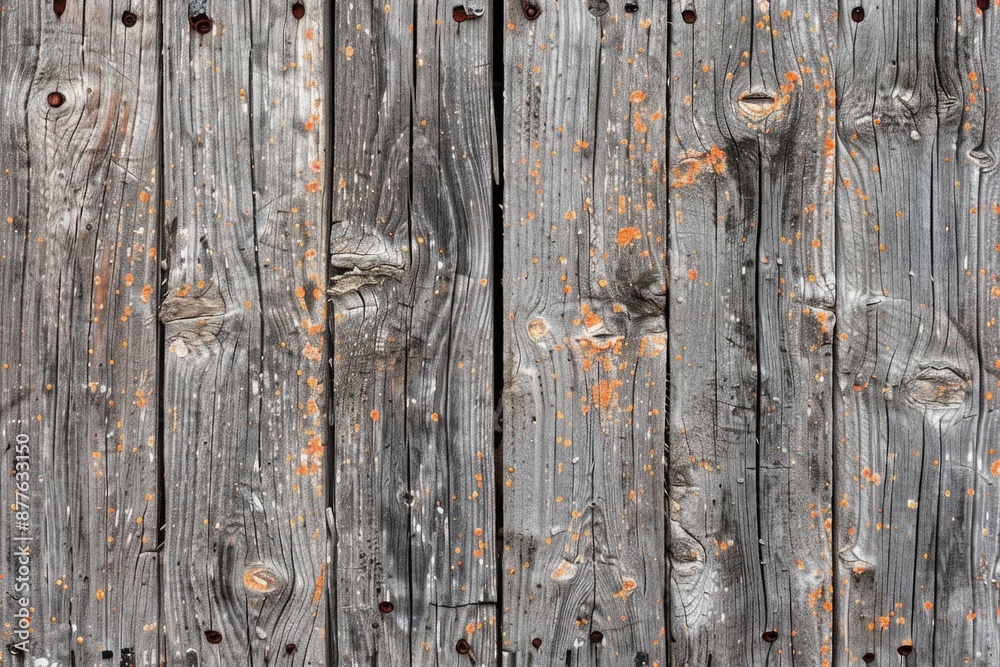 Poster a close-up shot of a wooden fence with visible signs of rust