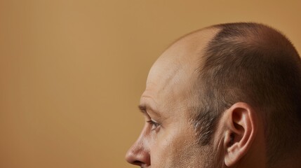 Obraz premium Baldness concept. Man with receding hairline on beige background, closeup