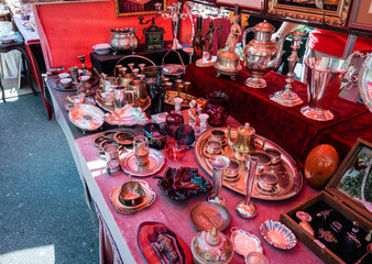 Open flea market in the streets of Zagreb city, Croatia with many old items and souvenirs
