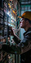 Electrical Engineer Working on Control Panel in Industrial Facility - Focused Professional with Helmet and Safety Gear Inspecting Complex Wiring