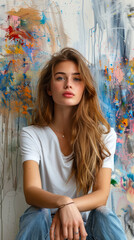 Artistic portrait of a young woman with long hair in casual clothes against a colorful abstract background