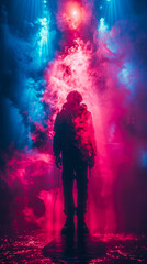 Obraz premium Rapper Performing Live on Stage with Colorful Pink and Blue Smoke, Hip Hop Concert, Atmospheric Night Scene, Music Artist Singing, Dynamic Lighting Effects, Energetic Street Style Vibes