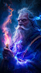 Obraz premium Elderly Persian Wizard Casting Electric Fire Magic Spell at Twilight - Fantasy Illustration