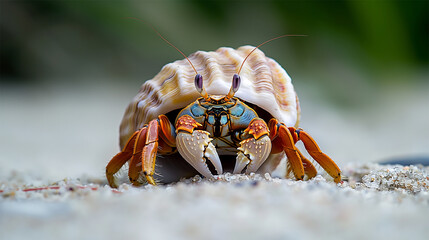 Close-Up of Colorful Hermit Crab on Sandy Beach
