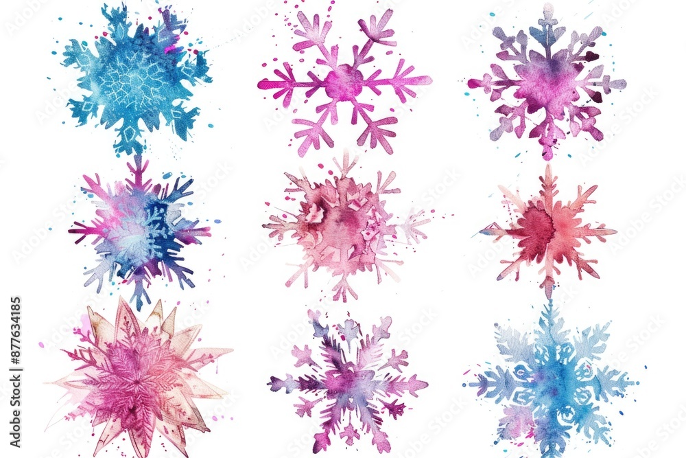 Poster delicate watercolor design featuring unique snowflake patterns on a white background, ideal for wint