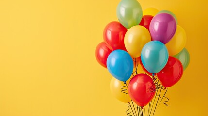 Colorful balloons on yellow background with copy space for text