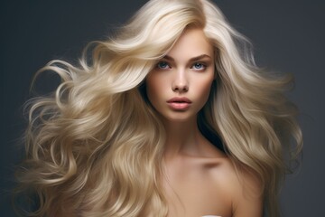 Naklejka premium Portrait of a young woman with stunning voluminous blond hair