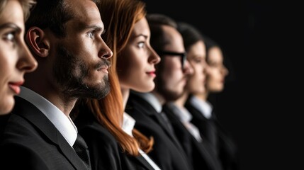 A group of businesspeople in suits are standing in a line