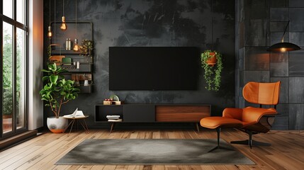 Stylish room interior with modern TV, armchair and decor