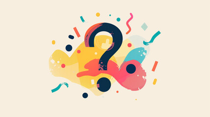 An illustration of a question mark with bold and playful design, surrounded by colorful shapes and confetti, perfect for conveying curiosity and creativity in a fun style.