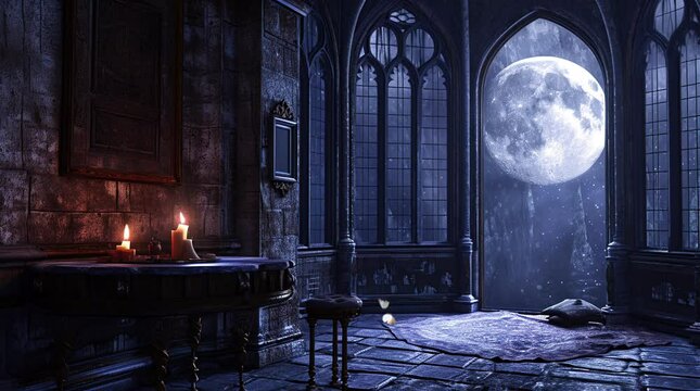 Elegant castle room with grand chandelier and full moon visible through the window on a clear night
 Seamless looping 4k time-lapse virtual video animation background. Generated AI