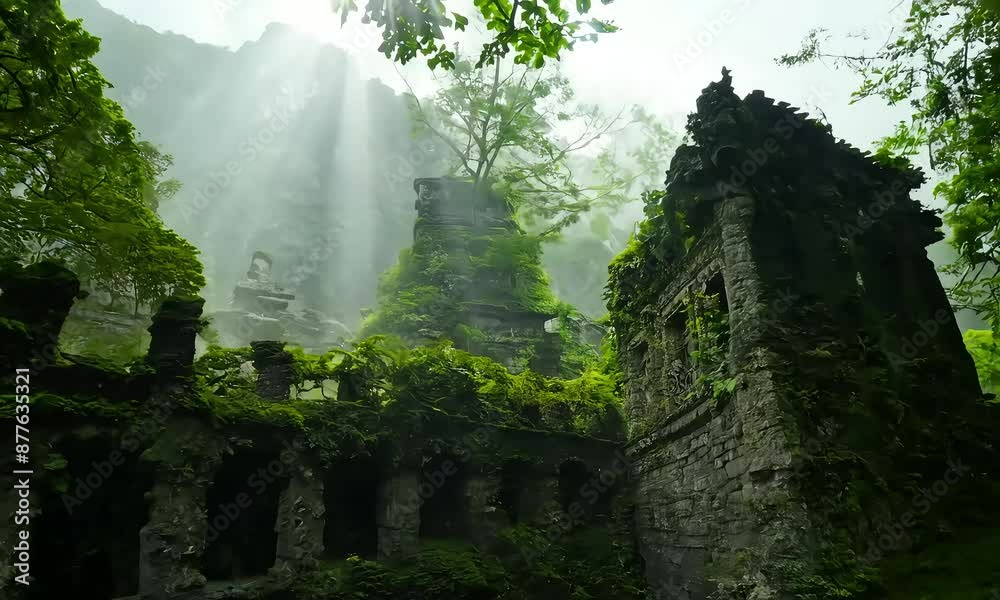 Poster misty morning in the forest