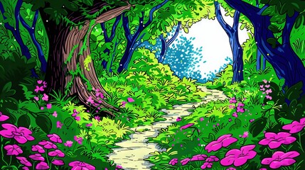  Lush green forest path with pink flowers on either sides and a white circle centered