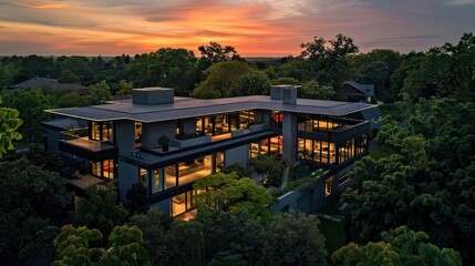 erial view of a suburban contemporary home at sunset, showcasing geometric design, surrounded by lush greenery
