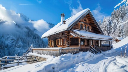 Fototapeta premium Traditional wooden cottage with steep roof covered in snow blending old customs with modern building techniques