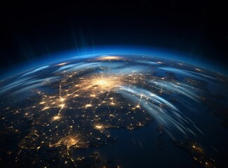 A breathtaking view of Earth from space as the sun rises over the horizon, casting a warm glow on the planet's surface.