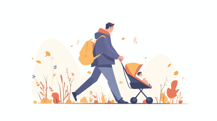 An asian young father walking with baby stroller in t