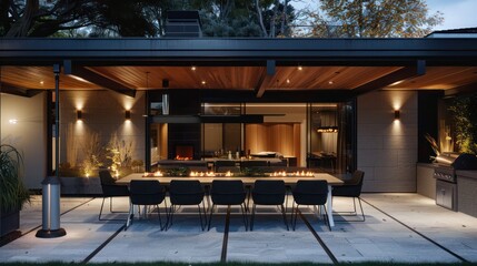 outdoor dining space in a suburban mid-century modern home with integrated heaters and mood lighting
