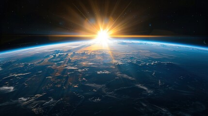 The sun is shining on the Earth, creating a beautiful and serene scene