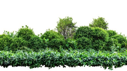 A row of bushes surrounded by tall trees in the background, perfect for nature-themed designs or outdoor scenes