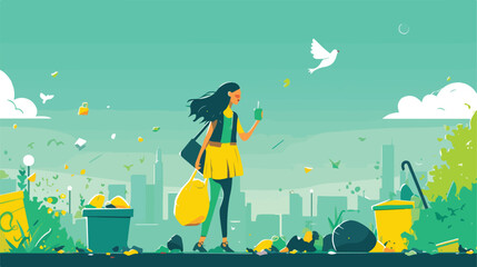 An asian young woman throwing away a garbage in a gre