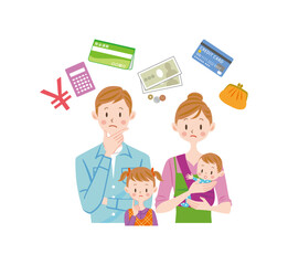 お金のことを考える家族　赤ちゃん　電卓　通帳　財布　ファミリー	
