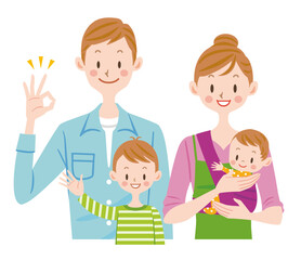 仲のいい家族のイラスト　赤ちゃんを抱っこするママ　子供　ファミリー