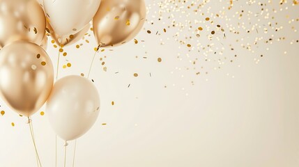 Golden and beige balloons on beige background with copy space for text