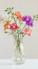 Vase with flowers: Sweet Pea, white background.