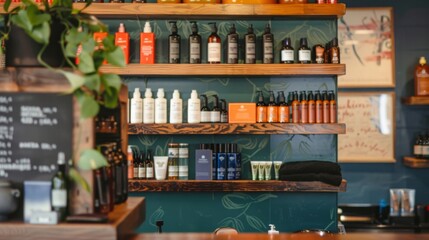 A wooden shelf unit stocked with bottles and beauty products in a shop.