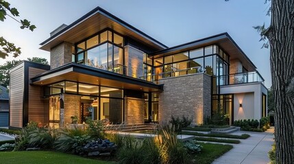 Fototapeta premium contemporary suburban home with a multi-textured facade that combines glass, wood, and stone to create a visually dynamic exterior
