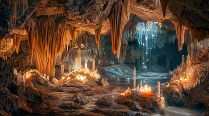 Mystical Crystal Cavern with Glowing Geodes and Shimmering Mineral Formations