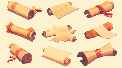 Ancient paper scrolls and documents icons. Simple dip