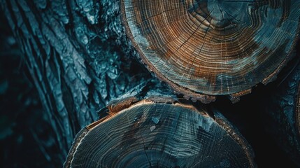 Texture of tree cut up close on dark background with space for text