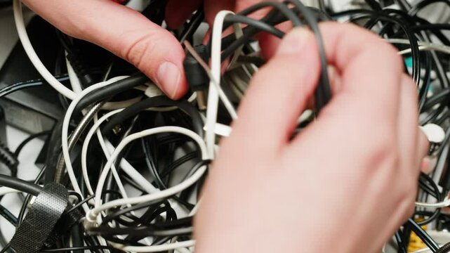 Young woman trying to untangle many various of wires close-up. Tangled wires and cables on table. Trying to untangle many messy and chaos cables
